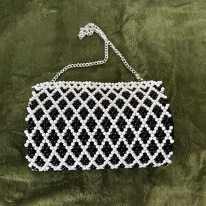 Chic Beaded Black and White Handbag